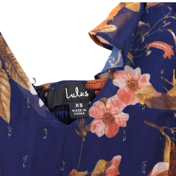 Lulus Maxi Dress Womens XS Navy Blue Stunning Favorite Floral Ruffled High-Low - Picture 2 of 4